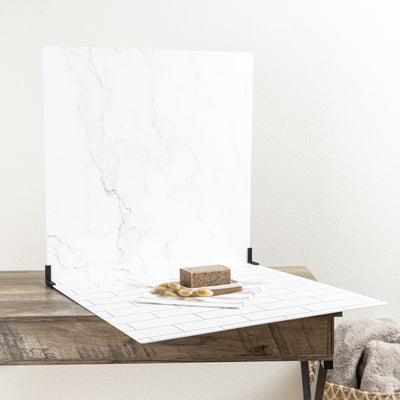 Marble Board Backdrop and Subway Tile Replica Backdrop for food and product photography.