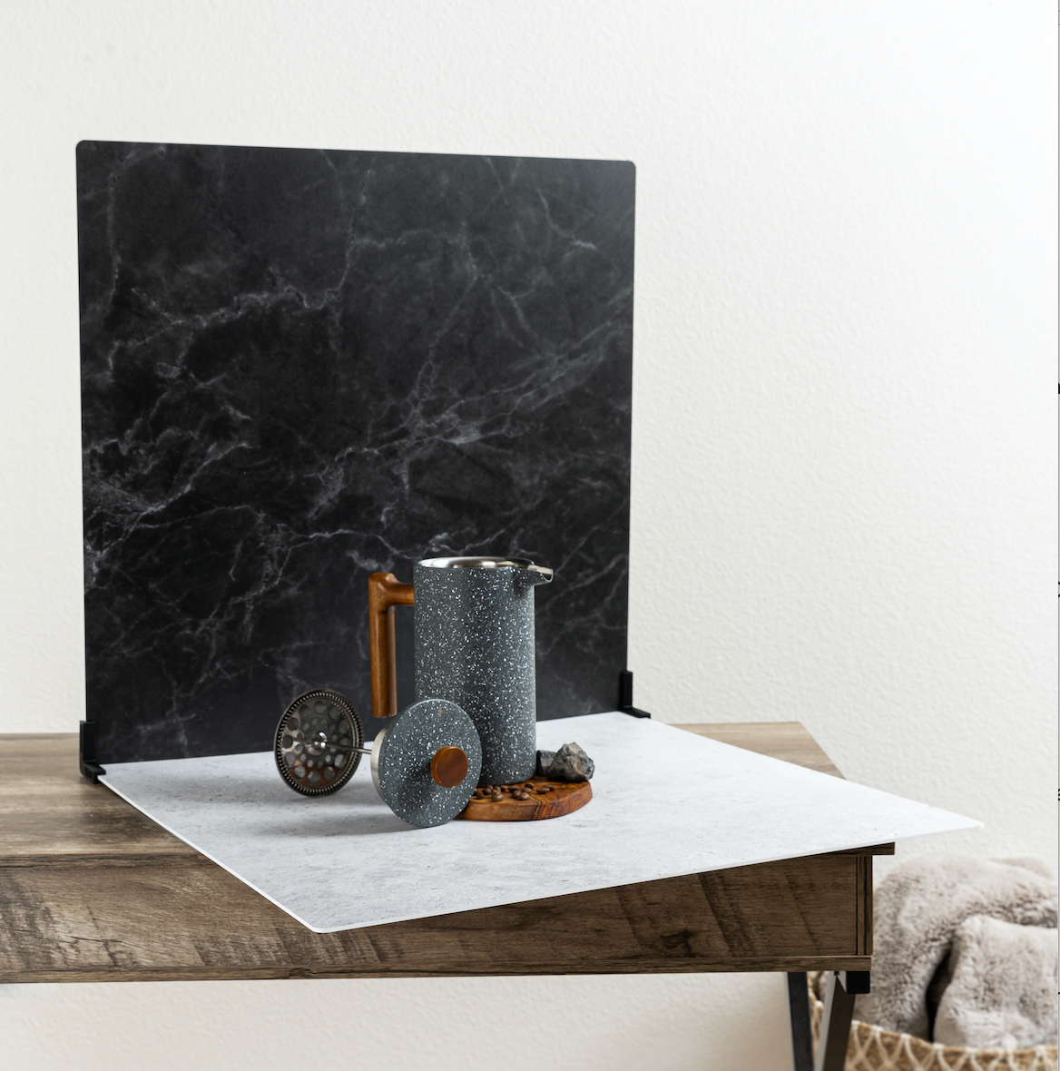 Black Marble Tile and Concrete Replica Board Backdrops and Vinyl Backdrop for food and product photography.