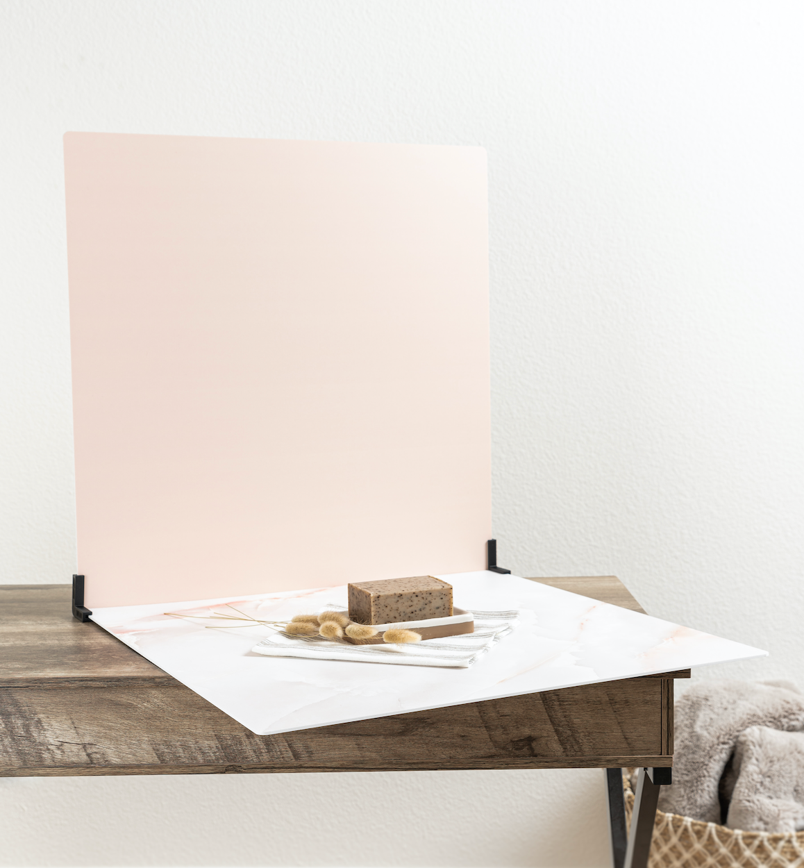 Champagne pink and marble photography backdrop for food and product photography. Available in vinyl backdrops and board backdrops