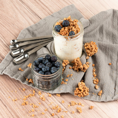 Teak Backdrop with yogurt and granola. Board Backdrop and Vinyl Backdrop for Food and Product Photography.